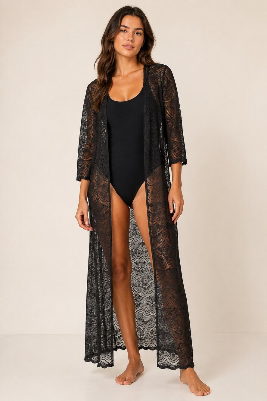 PrettyLittleThing Black Floral Lace Maxi Kimono Cover Up Duster US 4